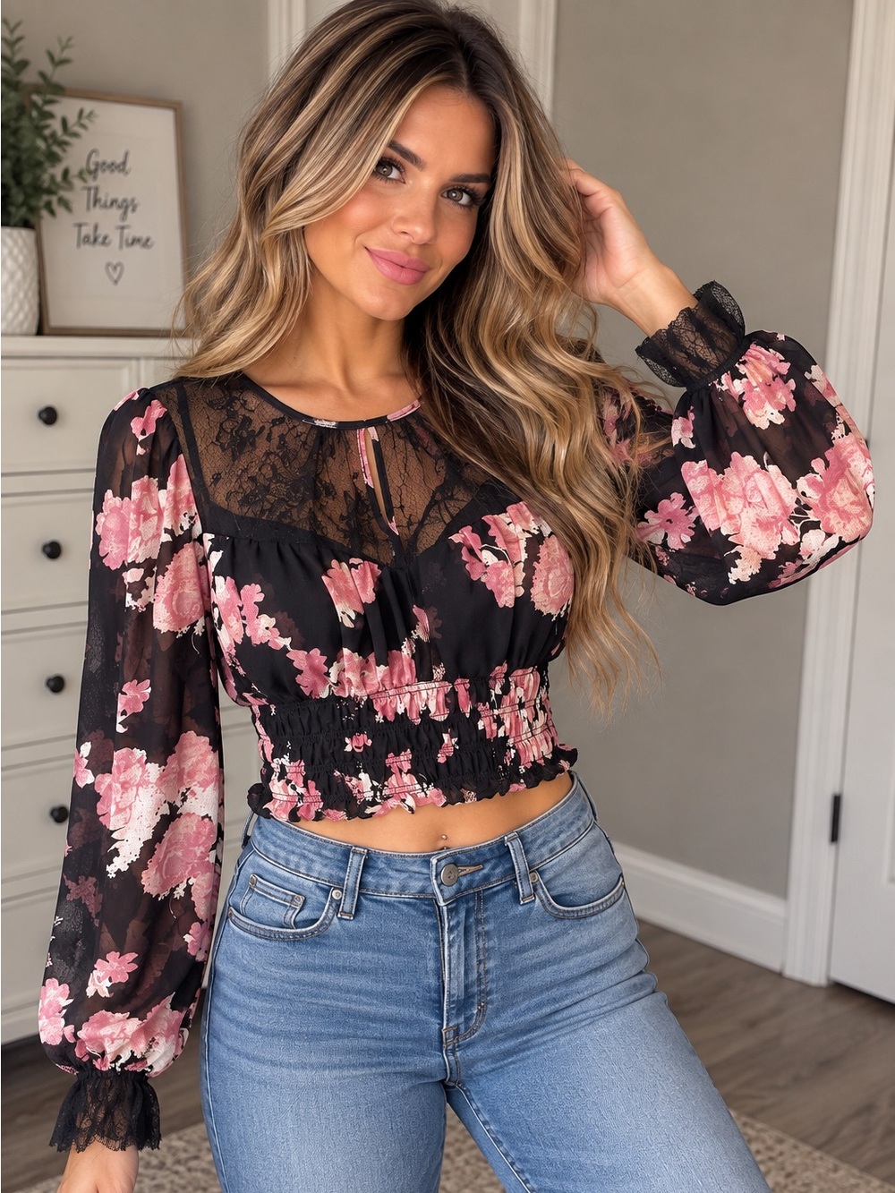 Free People Midnight Floral Lace Smocked Crop Top XS NWT